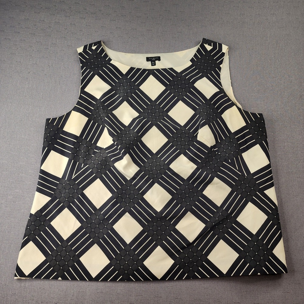 Talbots Woman Silk Tank Top 16W Black Ivory Plaid Sleeveless Blouse Quiet Luxery